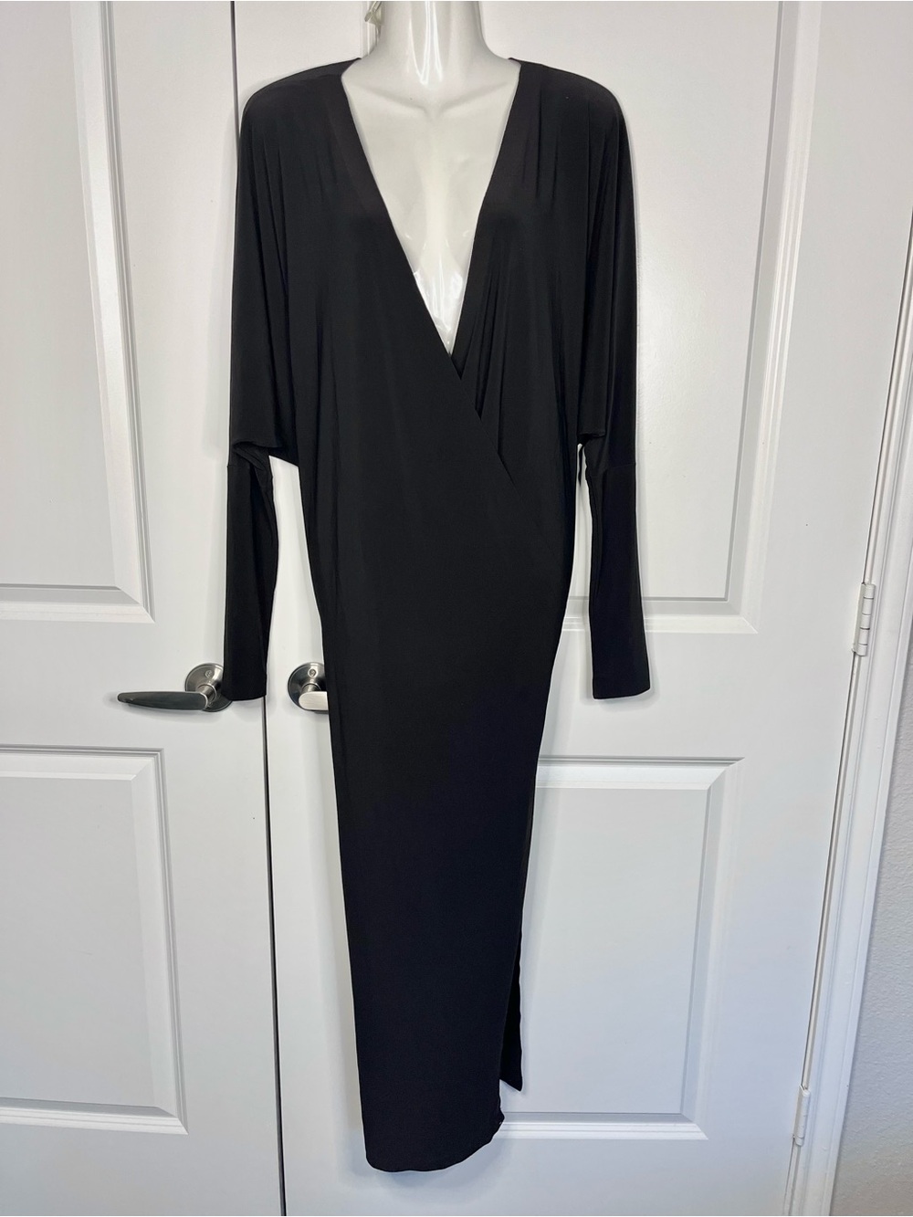 Norma Kamali Black Faux Wrap V-Neck Long Dolman Sleeve Maxi Dress Side Slit XS